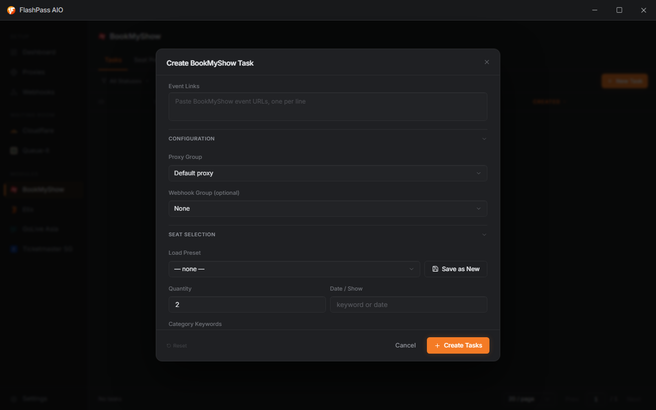 New BookMyShow Task dialog