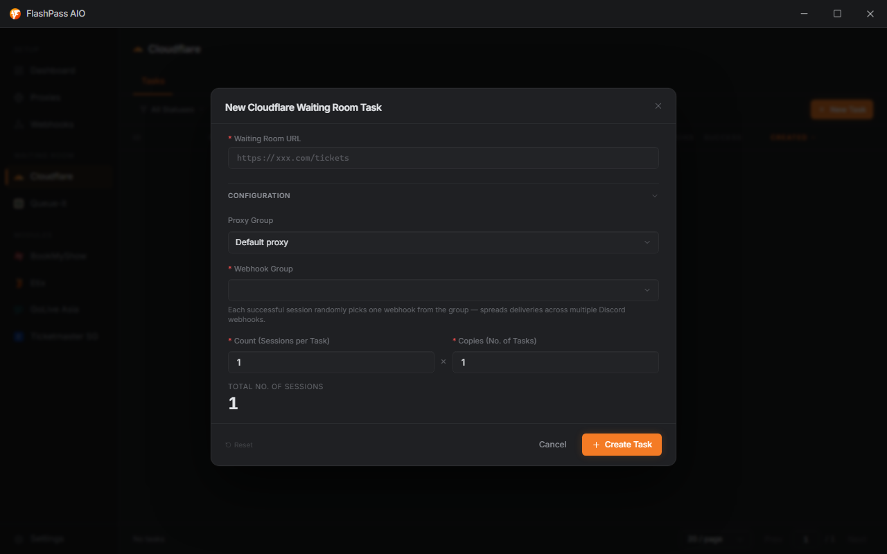 New CF Waiting Room Task dialog, full form