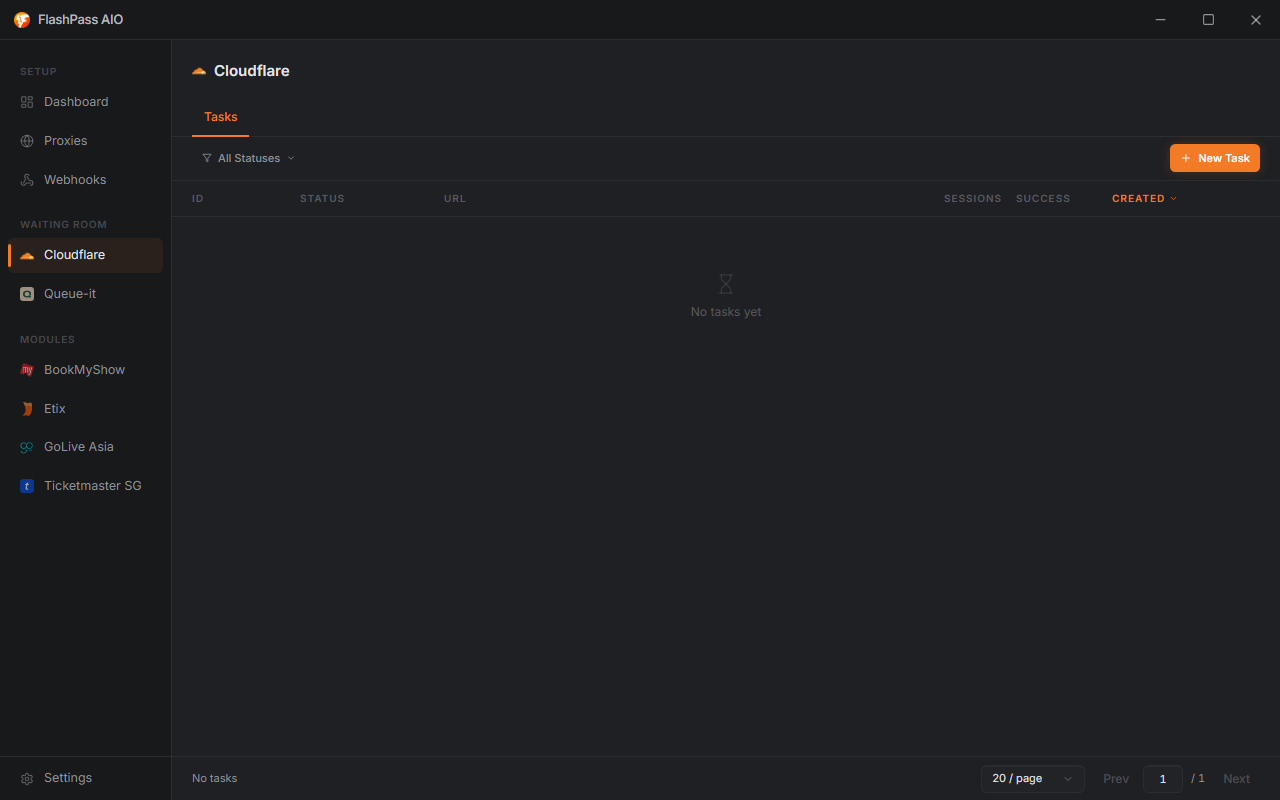 CF Waiting Room page empty state with "New Task" button