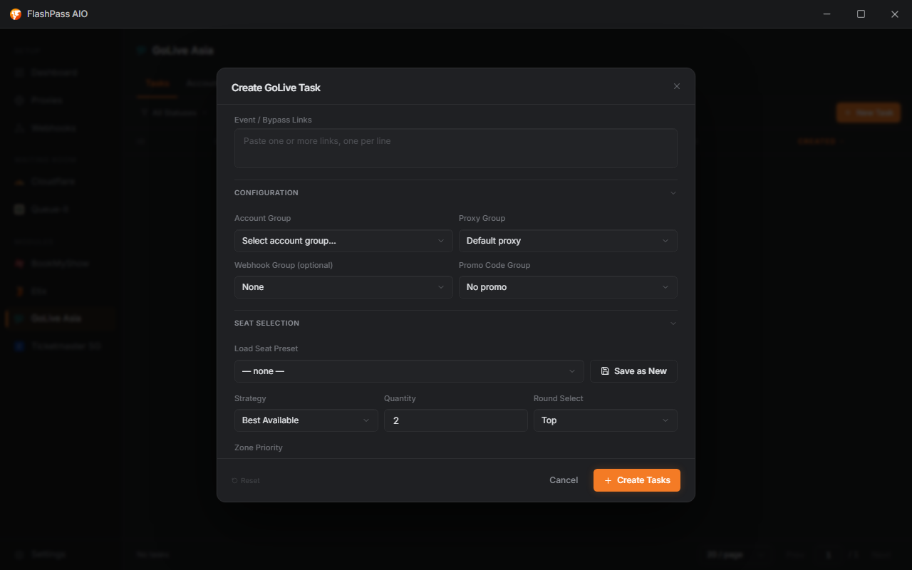 New GoLive Task dialog, Configuration section open