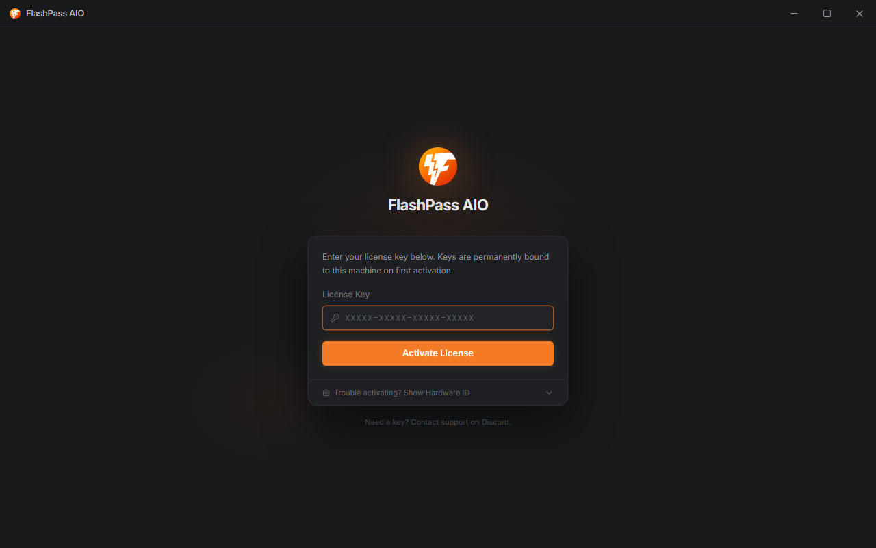 license activation screen, key input field with dashes