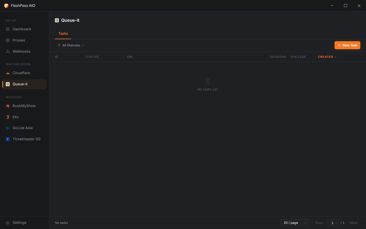 QueueIt page empty state with "New Task" button
