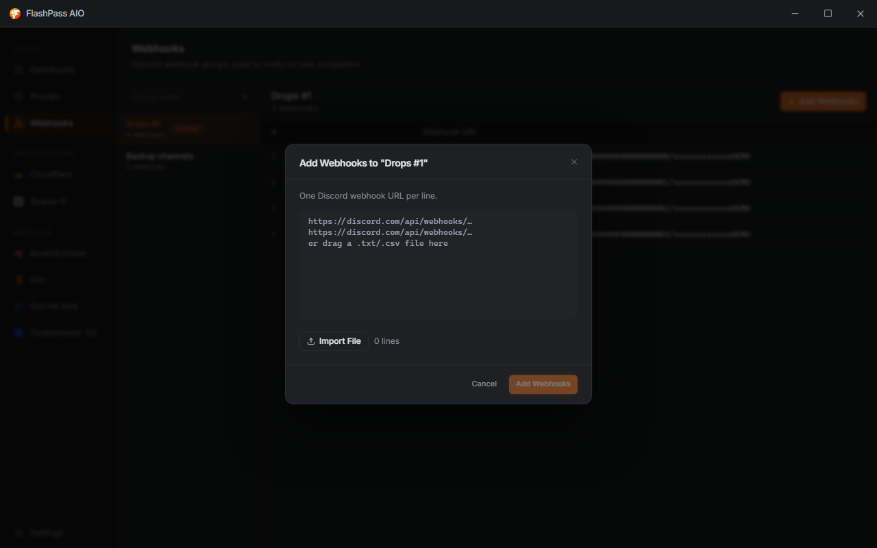 Webhook Groups page, add dialog